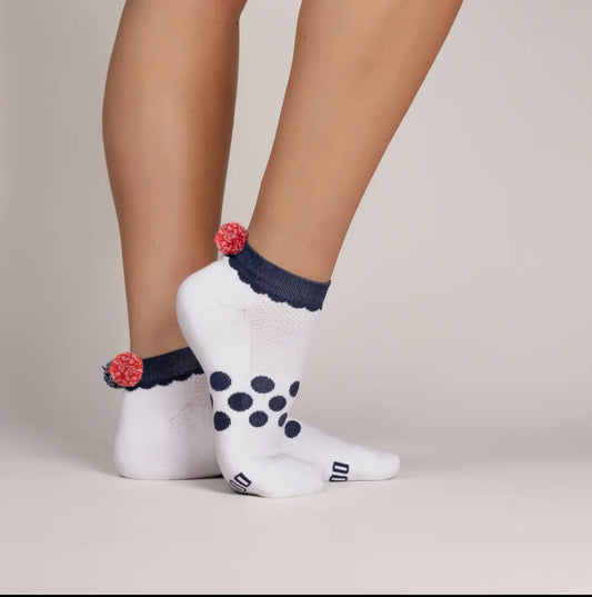 Ankle socks with navy and red trim and Pom Poms