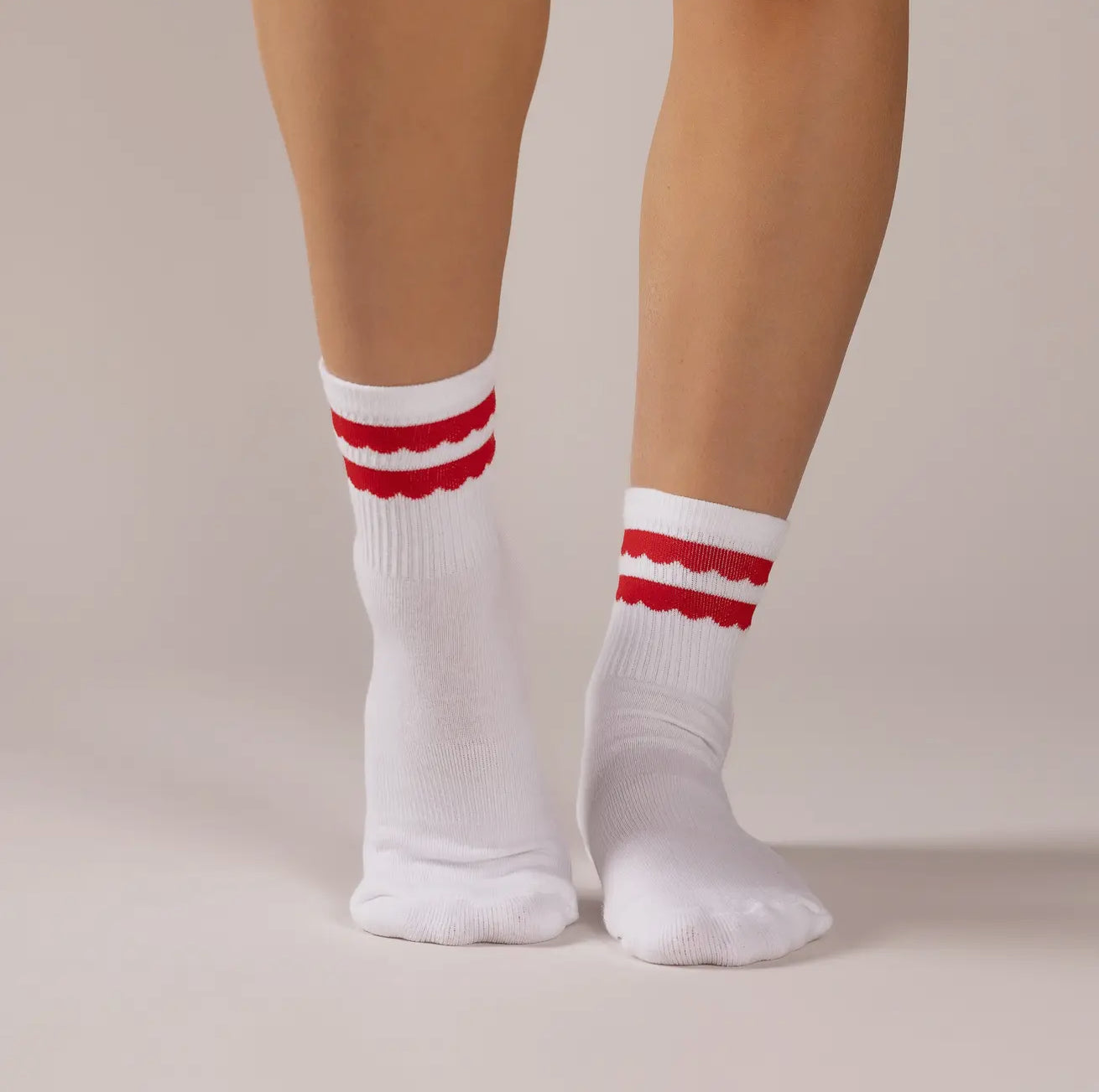 White crew sock with red scallops