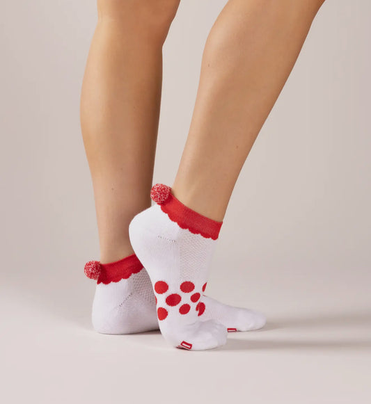 Ankle socks with red trim and Pom Poms