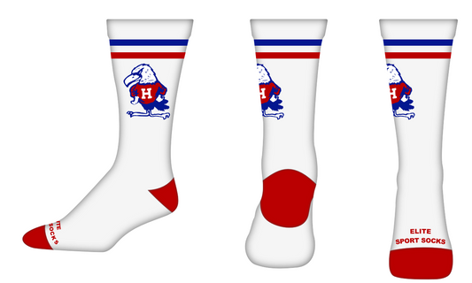 Henry Hawk Socks: White with Royal and Red Stripes