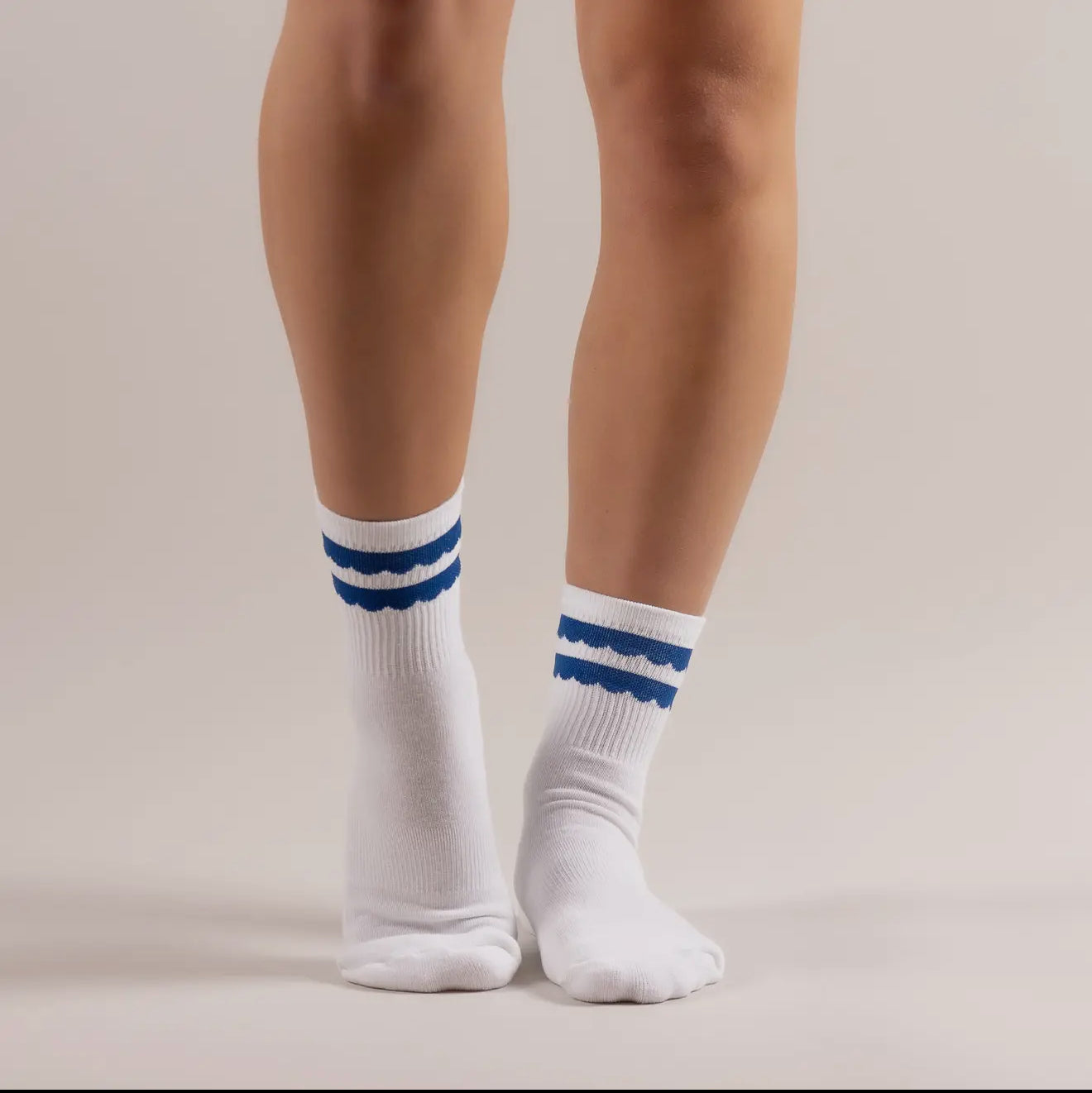 White crew sock with royal scallops