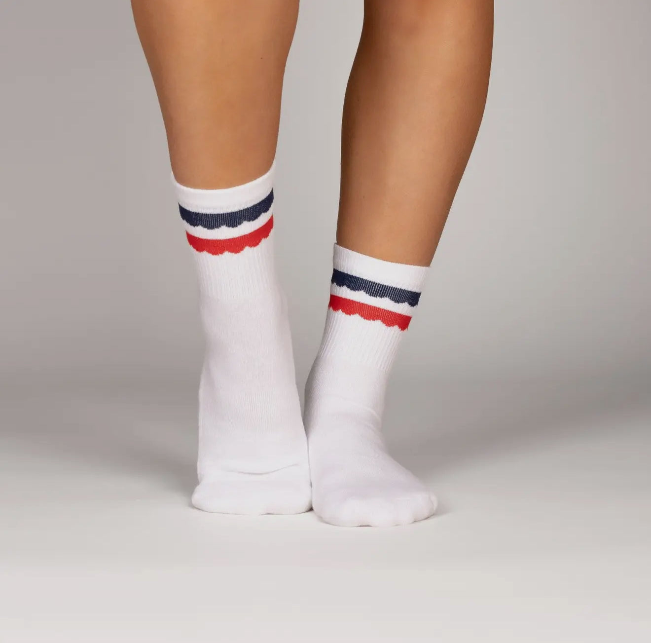 White crew sock with royal and scallops